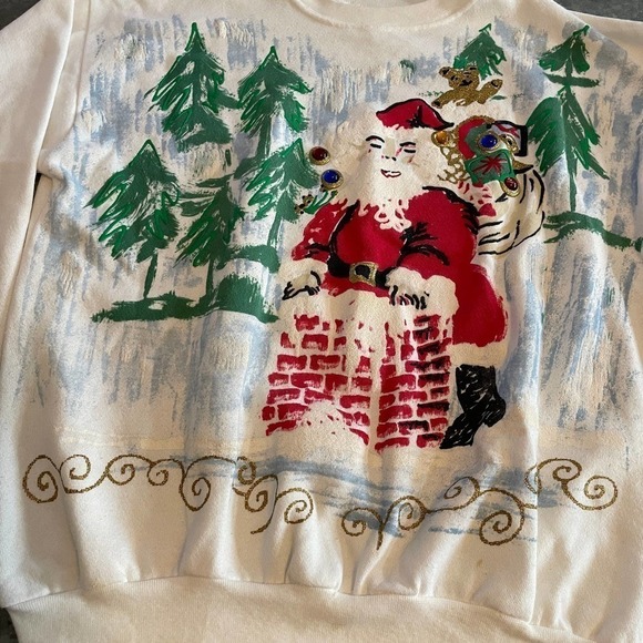 Vintage Handpainted Santa Christmas Crewneck Sweatshirt USA Womens Large White - Picture 2 of 11